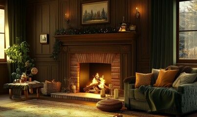Fototapeta premium Family-friendly living room with a fireplace and warm ambiance,