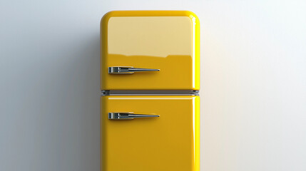 Yellow fridge with a modern finish. Vintage style. Refrigerator isolated on neutral background. Smooth, curved edges, polished chrome handles, retro aesthetic. Interior design concept, promo, market