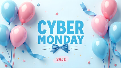 Cyber Monday Sale Banner with Balloons and Ribbons. Concept of Online Shopping and Discount.