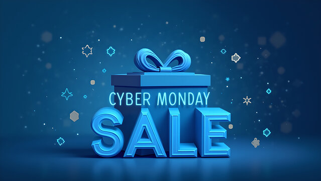 Cyber Monday Sale Banner with Gift Box. Concept of online shopping and promotion.