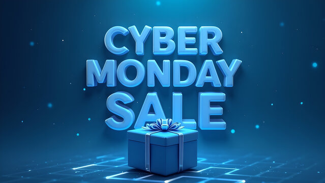 Cyber Monday Sale Promotional Banner with Gift Box. Concept of Online Shopping and Discount.