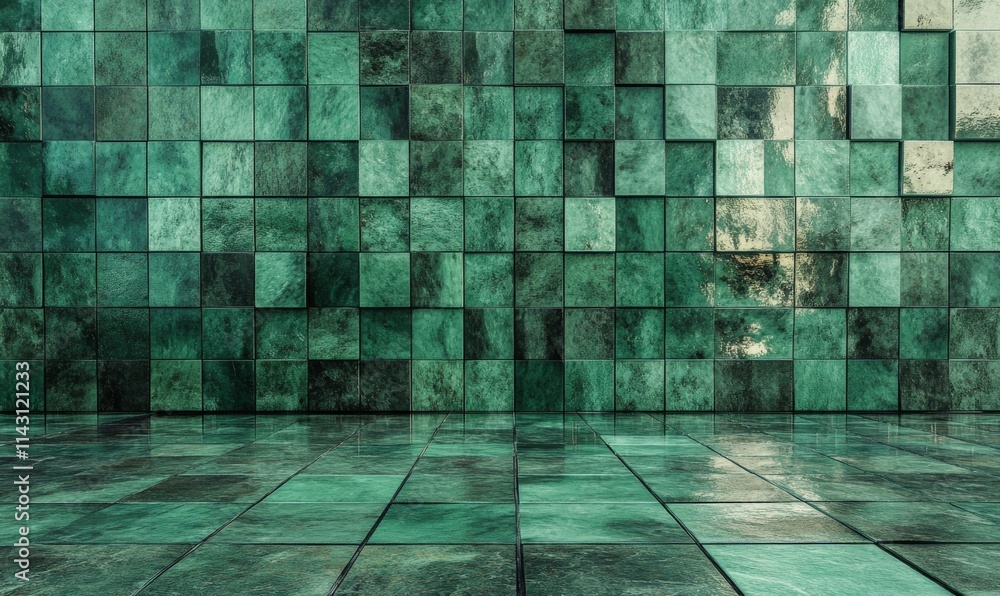 Poster 3d tiles arranged to create a futuristic wall. green, square background formed from polished blocks.