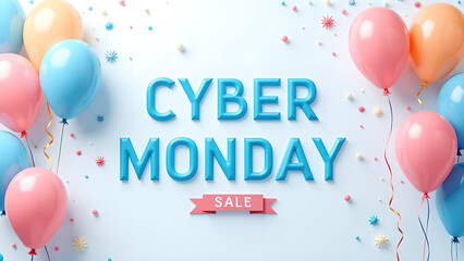 Cyber Monday Sale Banner with Balloons. Concept of online shopping and discount.