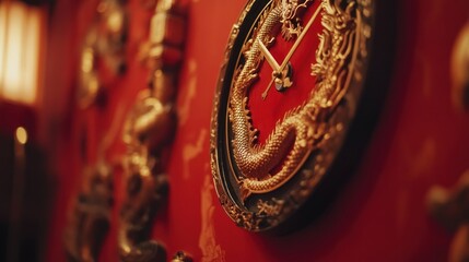 Gold dragon clock on red wall with dragon decor.