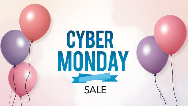 Cyber Monday Sale Banner with Balloons. Concept of online shopping and discount.