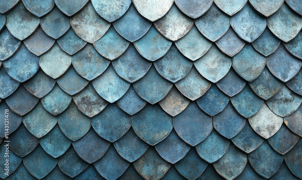 Poster fish scale, glazed mosaic tiles arranged in the shape of a wall. textured, blue patina, blocks stack