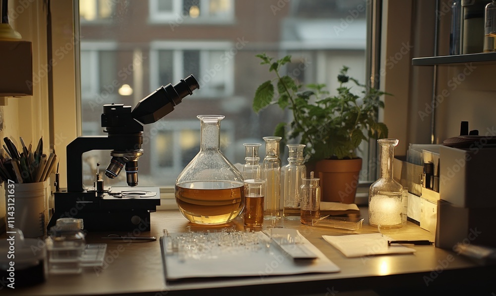 Poster a beaker and microscope on desk with microscope at lab.