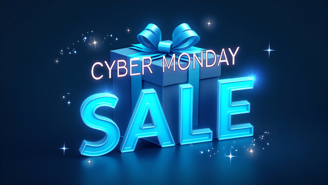 Cyber Monday Sale Banner with Gift Box. Concept of Online Shopping and E commerce.