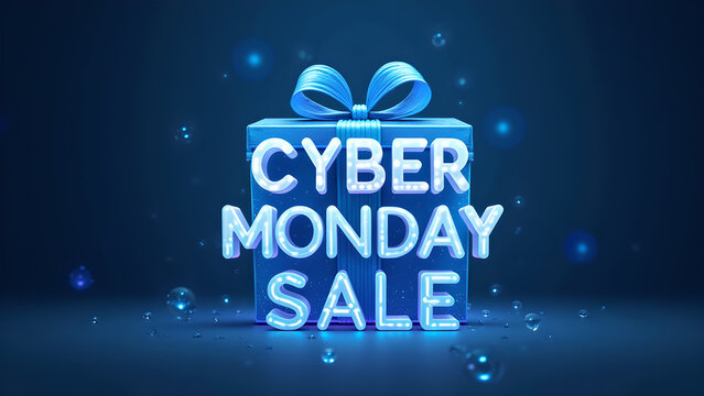 Cyber Monday Sale Text in Gift Box. Concept of Online Shopping and Discount.