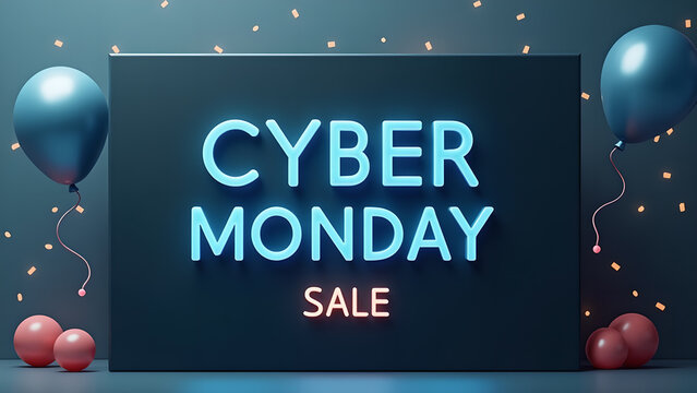 Cyber Monday Sale Neon Sign with Balloons. Concept of Online Shopping and Discount.