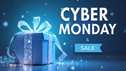 Cyber Monday Sale Banner with Gift Box and Glowing Lights. Concept of Online Shopping and Discount.