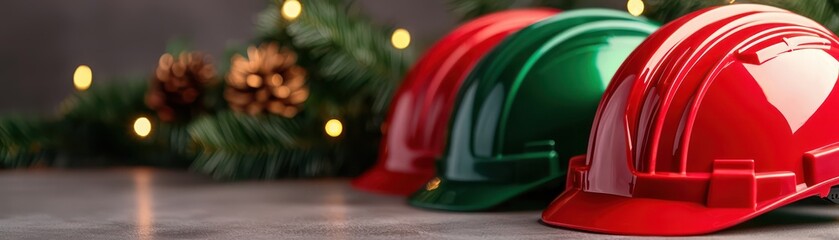 Fototapeta premium Close up of red and green safety helmets with festive decorations