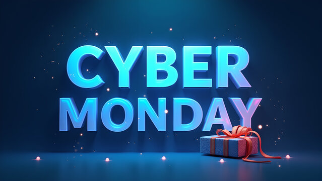 Cyber Monday Sale Banner with Gift Box. Concept of Online Shopping and E commerce.