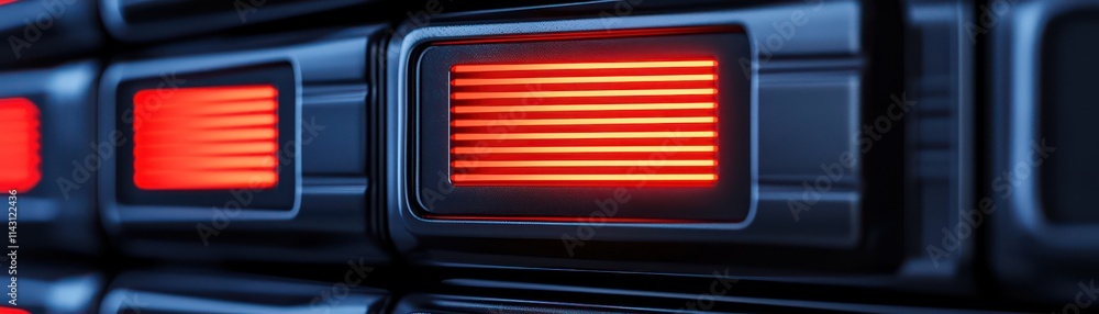 Poster close up of red warning lights flashing on dark surface, creating intense atmosphere
