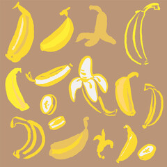 Fototapeta premium A set of bananas and slices, hand draw, doodle outline, free hand. Vector, isolated. Funny and simple. With brush texture