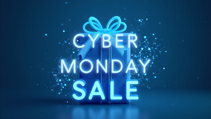 Cyber Monday Sale Neon Sign in Gift Box Shape. Concept of Online Shopping and E commerce.