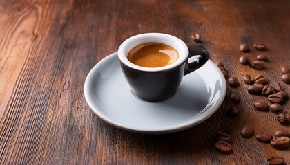 Espresso shot in a dark cup on a rustic wooden table
