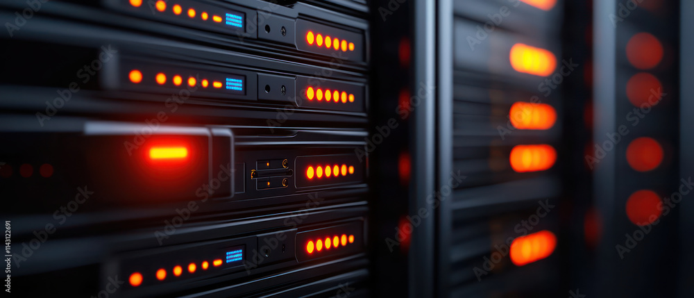 Poster close up of server racks with illuminated indicators, showcasing technology