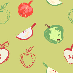 Pattern with red and green apples, slices and half’s. Vector, isolated, hand gemalt, doodle like in different styles. 