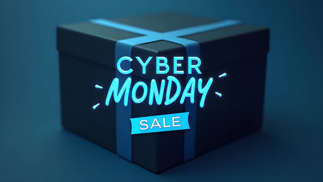 Cyber Monday Sale Promotional Concept with Gift Box and Neon Text.