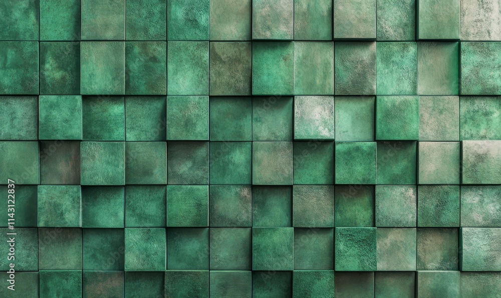 Poster green, square mosaic tiles arranged in the shape of a wall. futuristic, blocks stacked to create a s