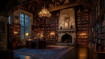 Obraz premium Grand, antique library with stone fireplace, wooden bookshelves, and ornate chandelier.
