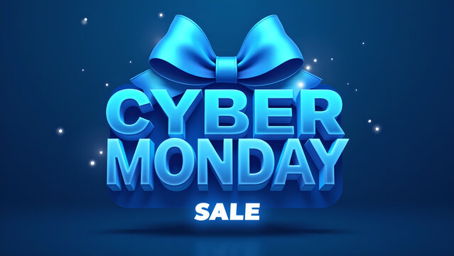 Cyber Monday Sale Banner with Blue Ribbon. Concept of Online Shopping and E commerce.