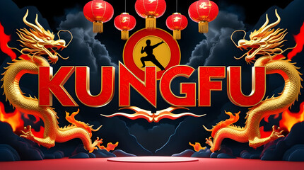 Kung fu word art with dragons and lanterns, 3D render.
