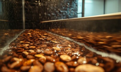 A large transparent glass tank filled with warm water in which cocoa beans float. The water is slightly cloudy to reflect the cleaning process.