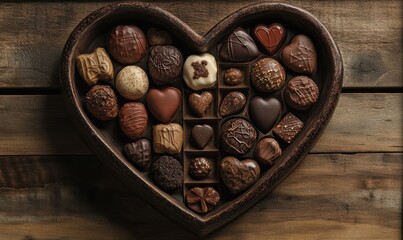 Assorted chocolates arranged in a heart-shaped box, each with unique fillings and intricate designs.