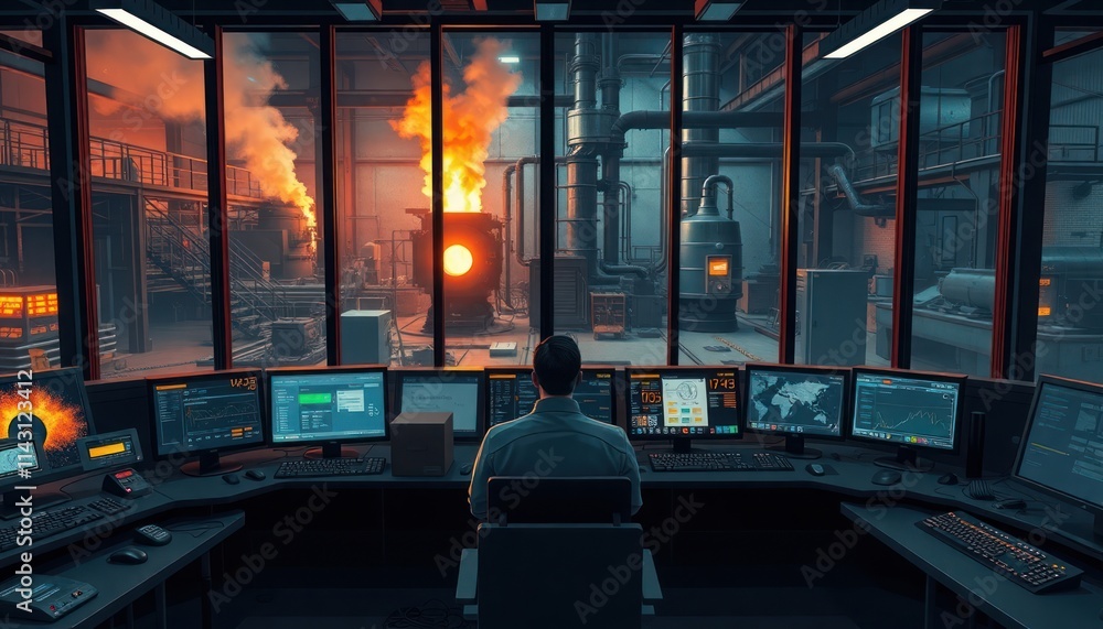 Poster modern control room monitors smelting process. operator observes furnace, ore processing data on mul