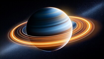 A vibrant, digital rendering of a planet with glowing rings.