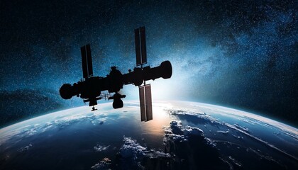 Obraz premium Silhouette of a Space Station orbiting Earth.