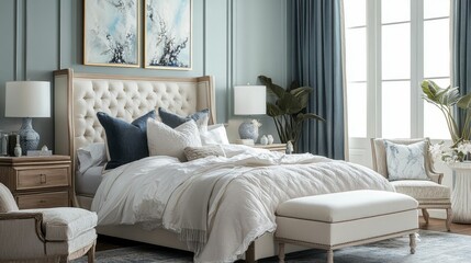 Elegant bedroom, upholstered bed, light colors, tranquil setting.