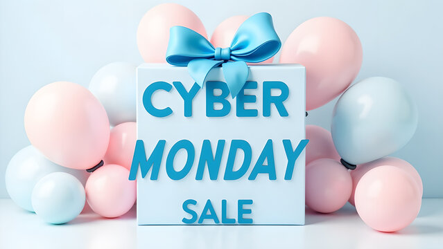 Cyber Monday Sale Sign with Balloons. Concept of Online Shopping, Discount, and Promotion.