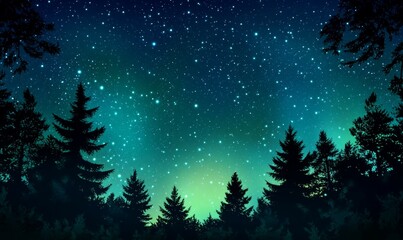 Fototapeta premium Beautiful Sky with Aurora and Stars. Green Northern Lights Wallpaper with copy-space.