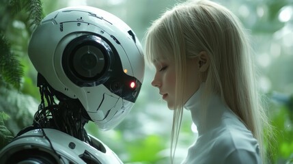 Close-up of woman and humanoid robot in a peaceful setting