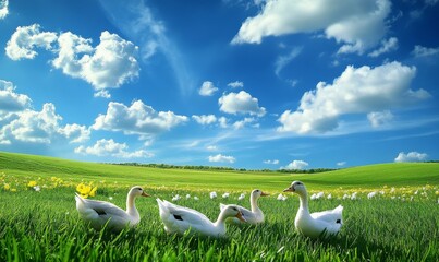 Beautiful Springtime Environment with Ducks in a Green Field and Blue Skies Overhead.