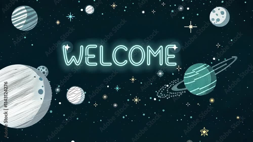 Aufkleber cosmic theme a dark space background sprinkled with pixelated planets and stars as a welcoming messa