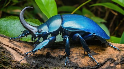 Close-up of a vibrant blue beetle with a large horn, perched on a weathered log amidst lush green foliage.
