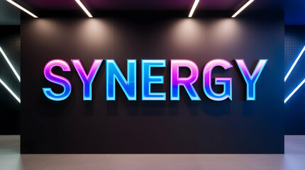 Neon "Synergy" sign on a dark wall with vibrant lighting.