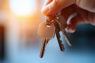 Close-up of house keys in hand with warm sunlight