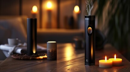 A modern black vaporizer emits a stream of smoke while surrounded by small glowing candles on a wooden surface, evoking relaxation and a contemporary aesthetic. AI generated.