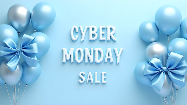 Cyber Monday Sale Text with Blue Balloons. Concept of Online Shopping and Discount.