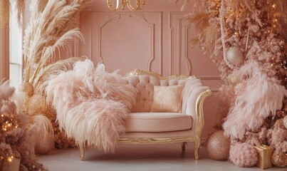 Luxury Christmas Decorations with Ostrich Feathers and Couch. Pastel Pink and Gold Seasonal Background.