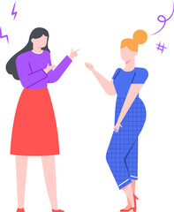 Two women are having a disagreement, gesturing with their hands and displaying frustration through symbols like lightning bolts and a hashtag, representing conflict and tension in communication