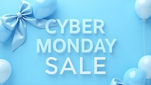 Cyber Monday Sale Banner with Balloons and Ribbon. Concept of Online Shopping and E commerce.