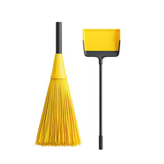 transparent PNG image of Kit of the yellow plastic broom with gray bristlesand long-handled dustpan