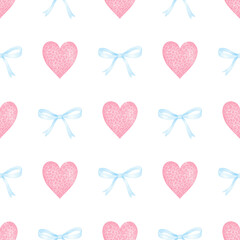 heart, bow. Watercolor seamless pattern in pastel colors for textile and paper. Cute watercolor illustration for Valentine's Day