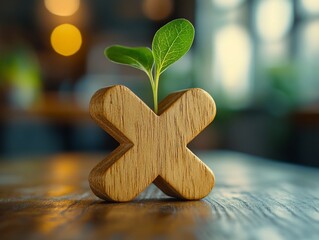 Wooden X with sprout; growth, nature, ecology concept.